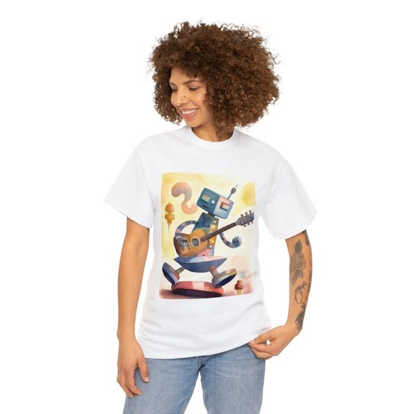 A Woman Flaunting A White T Shirt Depicting The Artistic Guitarist In An Elaborate Image.