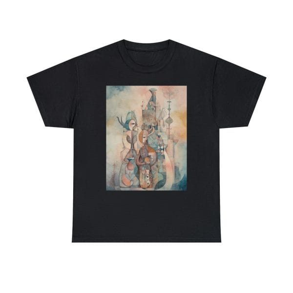 A Black T Shirt Featuring Geometric Rhythms With A Man And Woman Painting.