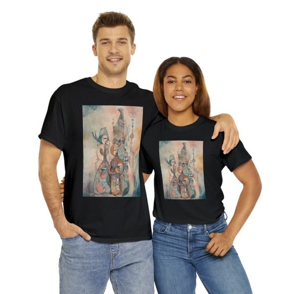 Two Individuals Wearing T Shirts Showcasing Geometric Rhythms.