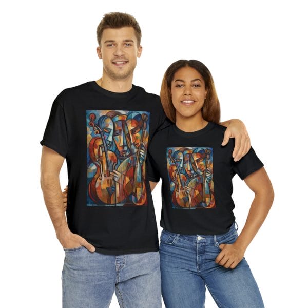A Man And Woman Wearing An Abstract Violin Trio T Shirt Stand Together.