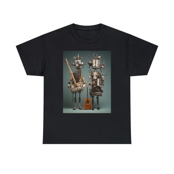 A T Shirt Featuring Wooden Robot Musicians.