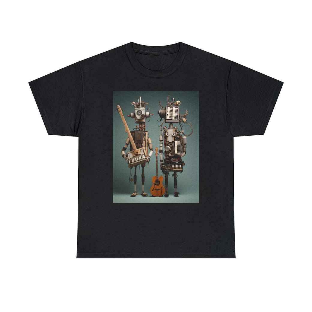 A T Shirt Featuring Wooden Robot Musicians.