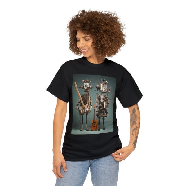 A Woman Donning A Black T Shirt Displaying Wooden Robot Musicians.