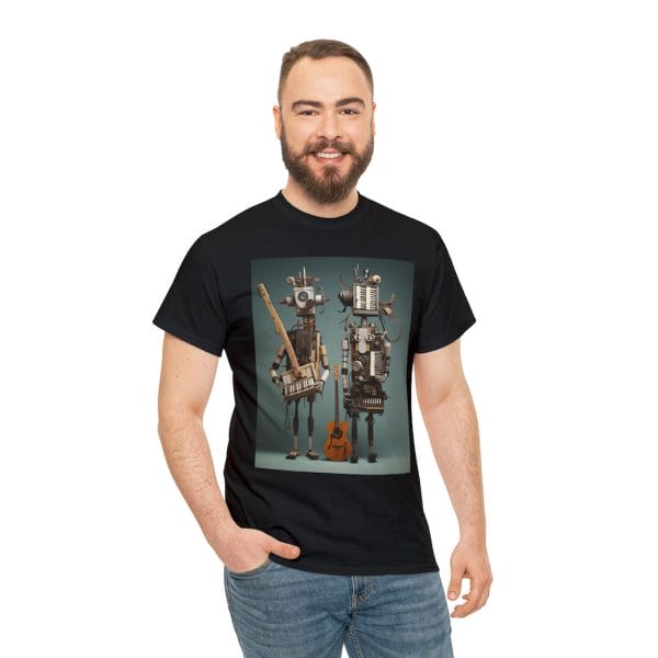 A Man Donning A Black T Shirt Features Wooden Robot Musicians.
