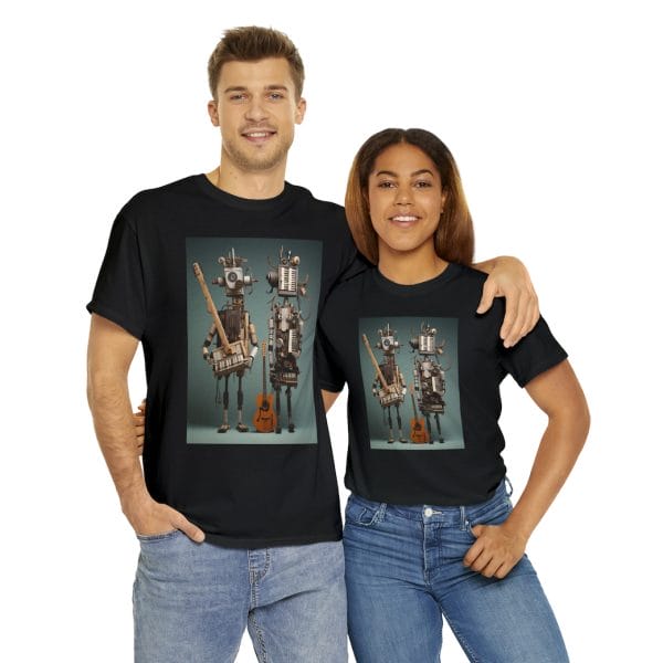 A Man And Woman Wearing T Shirts Featuring Wooden Robot Musicians Stand Together.